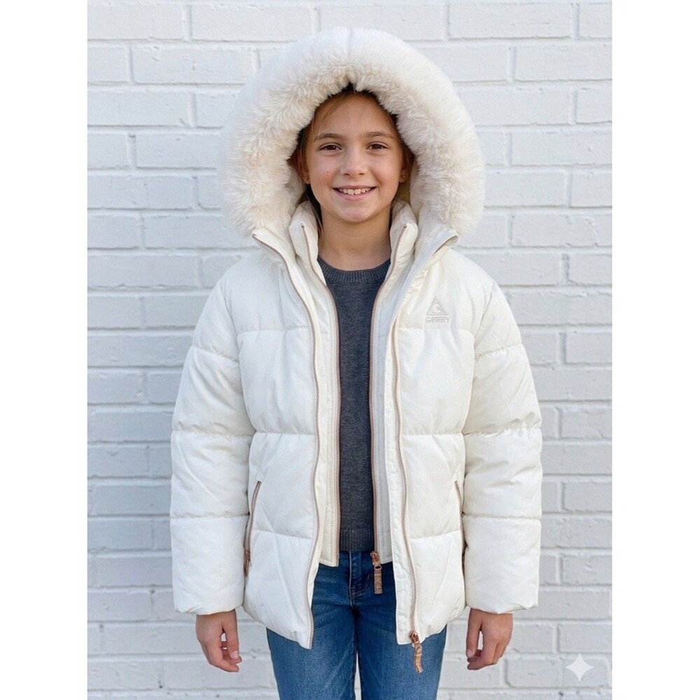 Gerry Girls Winter Puffer Coat Size Medium  10/12 White&Gold With Faux Fur Hood